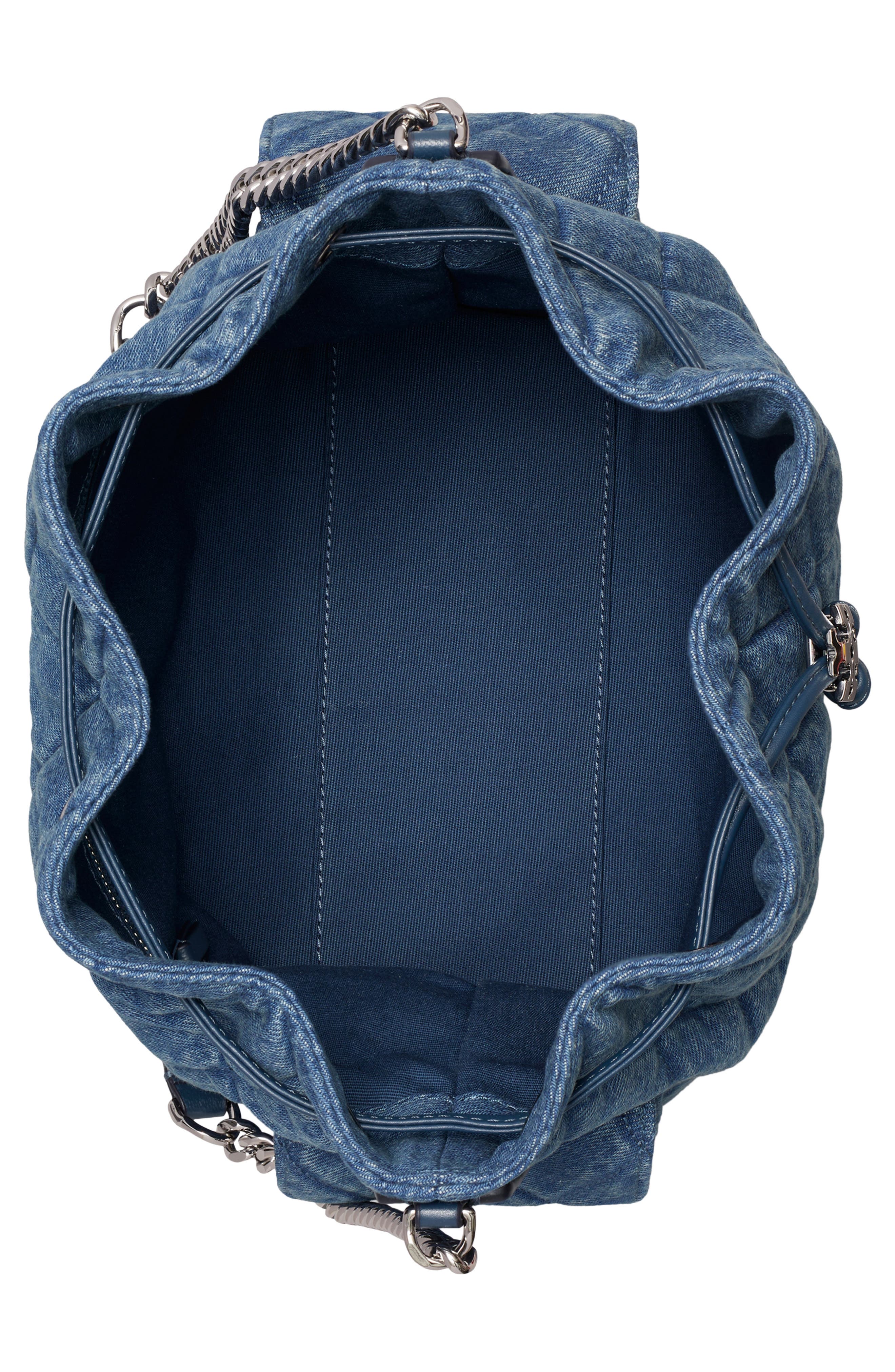 Tory Burch Charlie Quilted Denim Drawstring Shoulder Bag, Alternate, color, Blue
