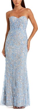 Mac Duggal Embellished Applique Strapless Bustier Gown