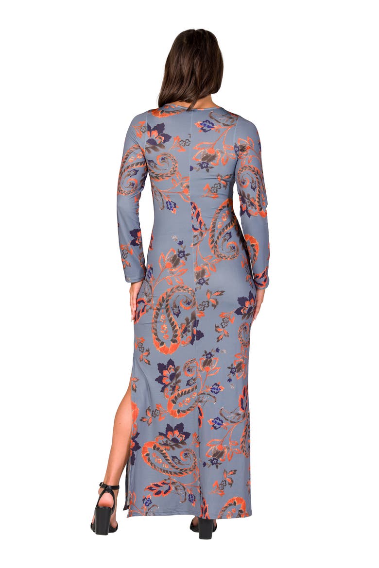 Long Sleeve Side Slit Fitted Maxi Dress, Alternate, color, Gray Multi