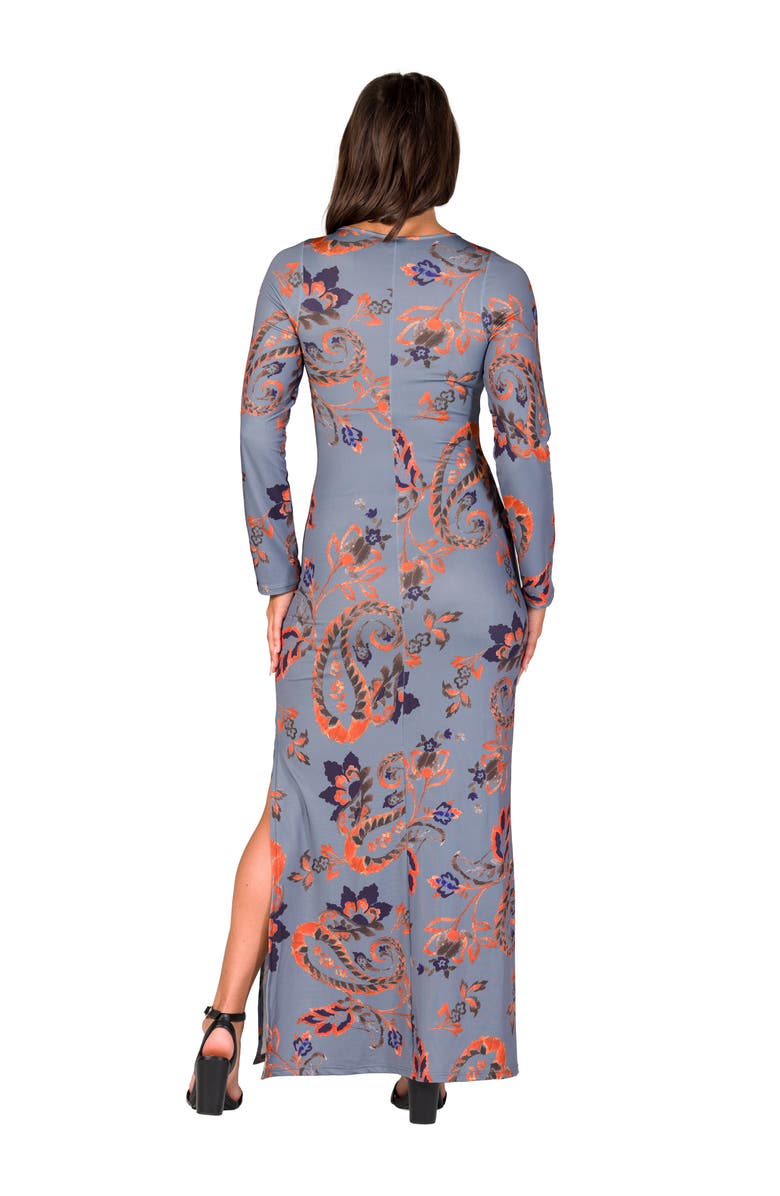 24seven Comfort Apparel Long Sleeve Side Slit Fitted Maxi Dress, Alternate, color, Gray Multi