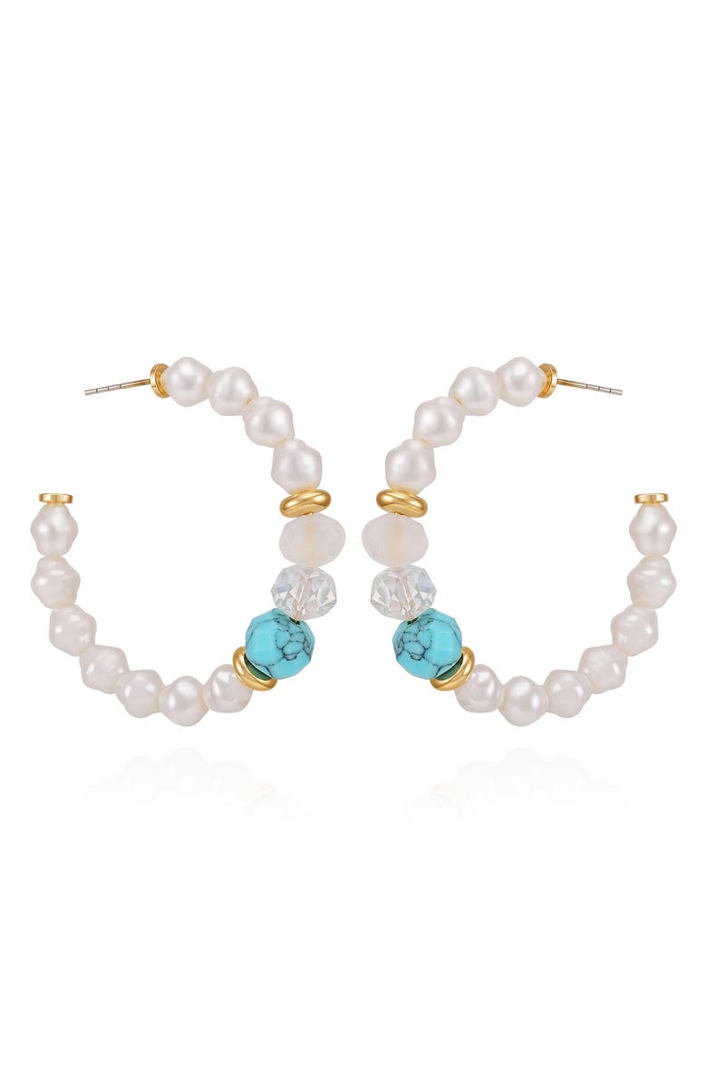 GUESS Beaded & Faux Pearl Hoop Earrings, Main, color, Gold Tone