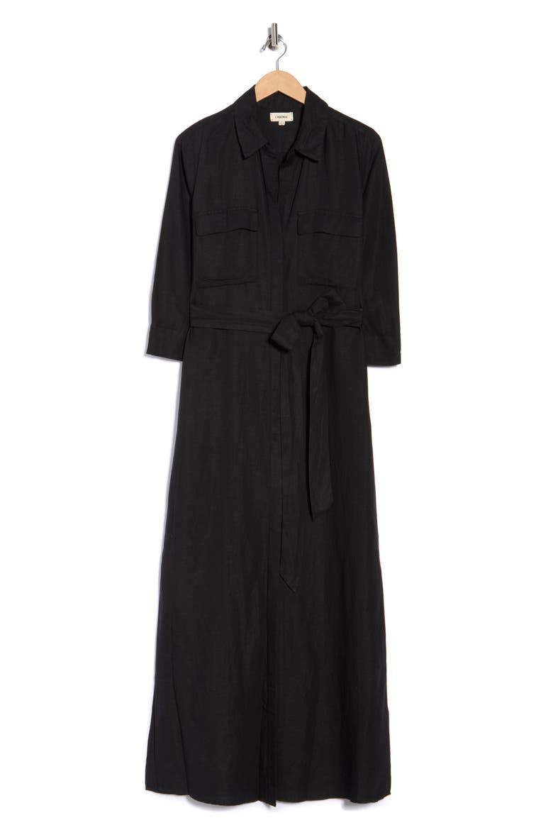 Cameron Belted Linen Blend Maxi Shirtdress, Alternate, color, BLACK