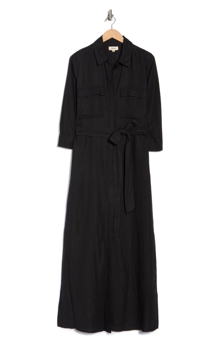 L'AGENCE Cameron Belted Linen Blend Maxi Shirtdress, Main, color, Black