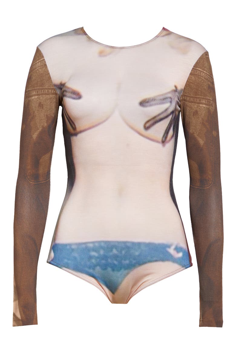 Ribbon Trompe l'Oeil Long Sleeve Jersey Bodysuit, Alternate, color, BROWN MULTI