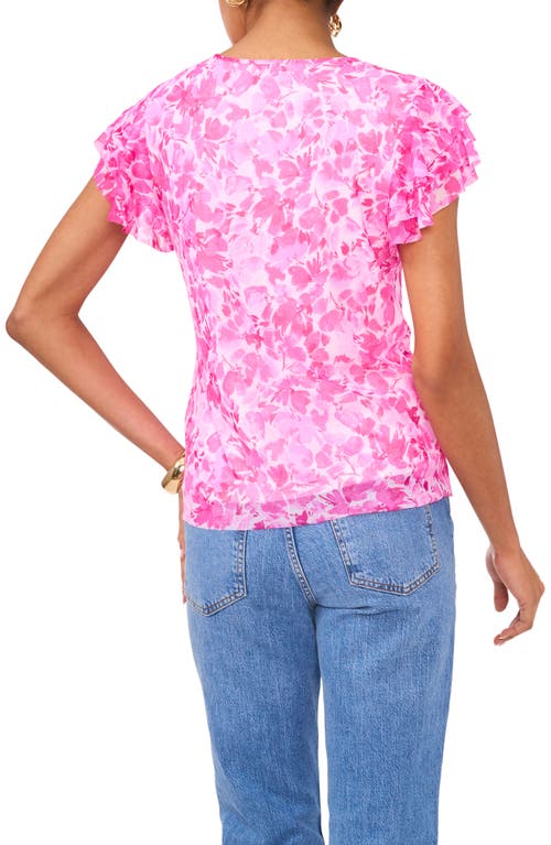 Vince Camuto Floral Ruffle Sleeve Mesh Top In Pink