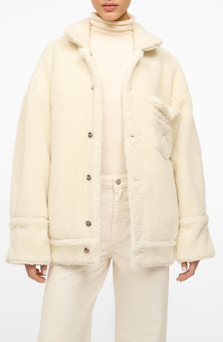 STAUD + Wrangler Faux Shearling & Denim Trucker Jacket, Main, color, Cream