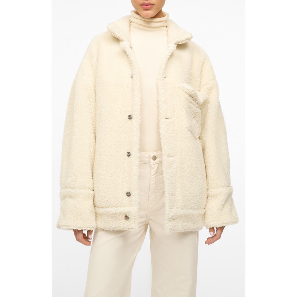 STAUD STAUD + WRANGLER FAUX SHEARLING & DENIM TRUCKER JACKET