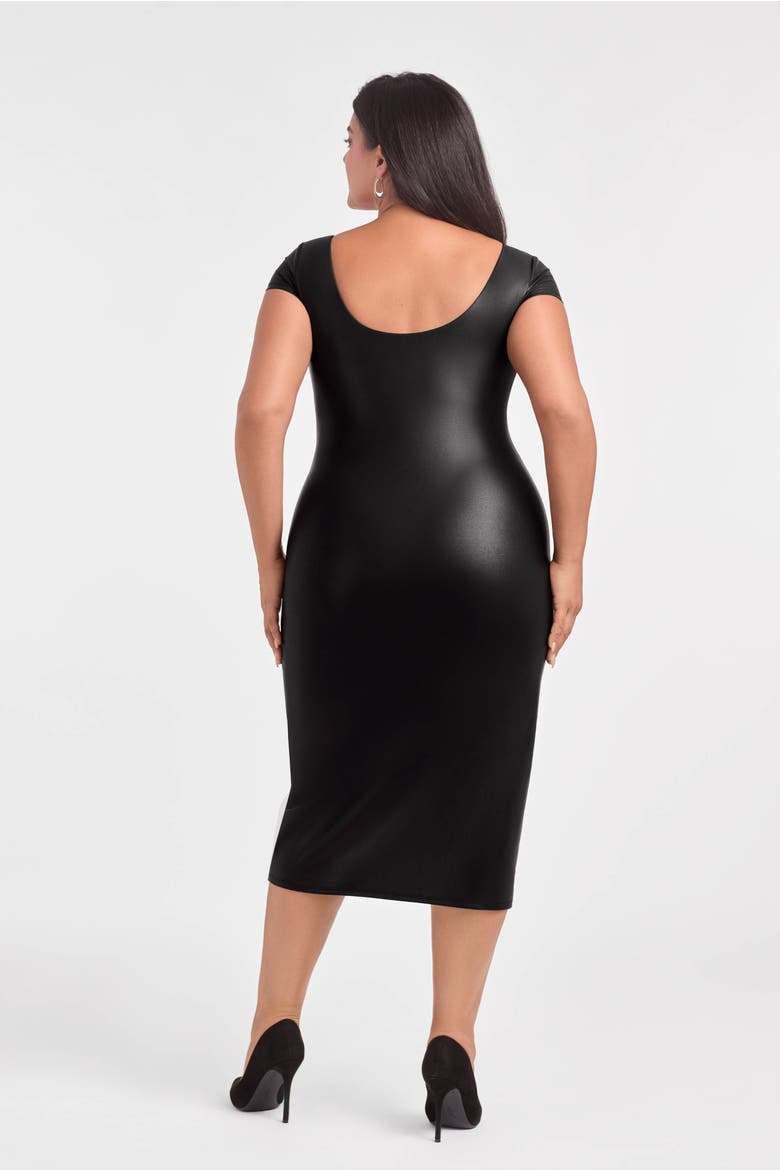 Sculpting Shapewear Square Neck Cap Sleeve Faux Leather Midi Dress, Alternate, color, Onyx Black