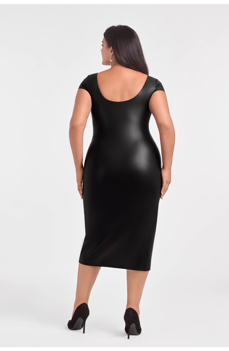 S3 Apparel Sculpting Shapewear Square Neck Cap Sleeve Faux Leather Midi Dress, Alternate, color, Onyx Black