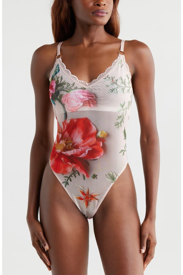 Placement Print Shelf Bra Bodysuit, Main, color, 3D FLORAL