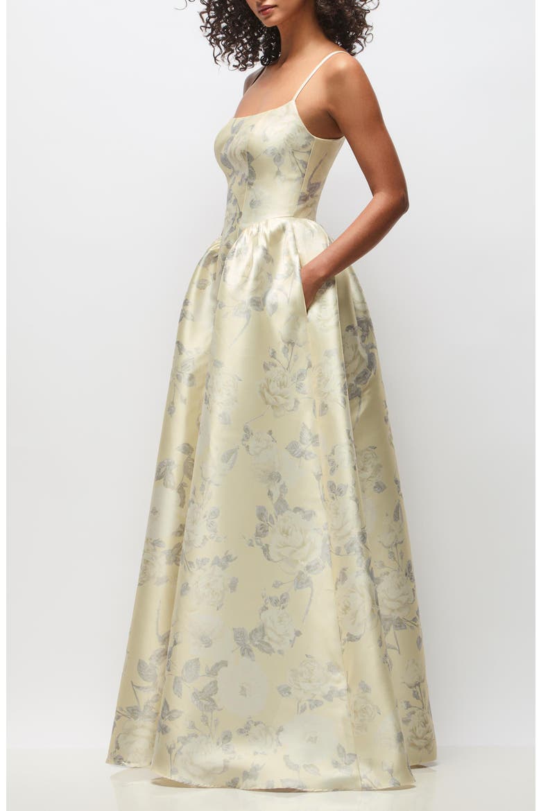 Floral Sleeveless Satin Ballgown, Alternate, color, BUTTER YELLOW FLORAL