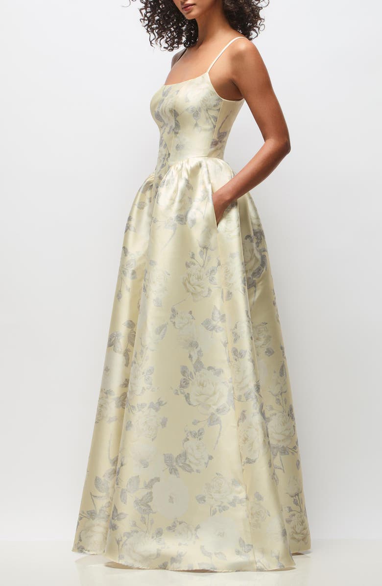 Dessy Collection Floral Sleeveless Satin Ballgown, Alternate, color, Butter Yellow Floral
