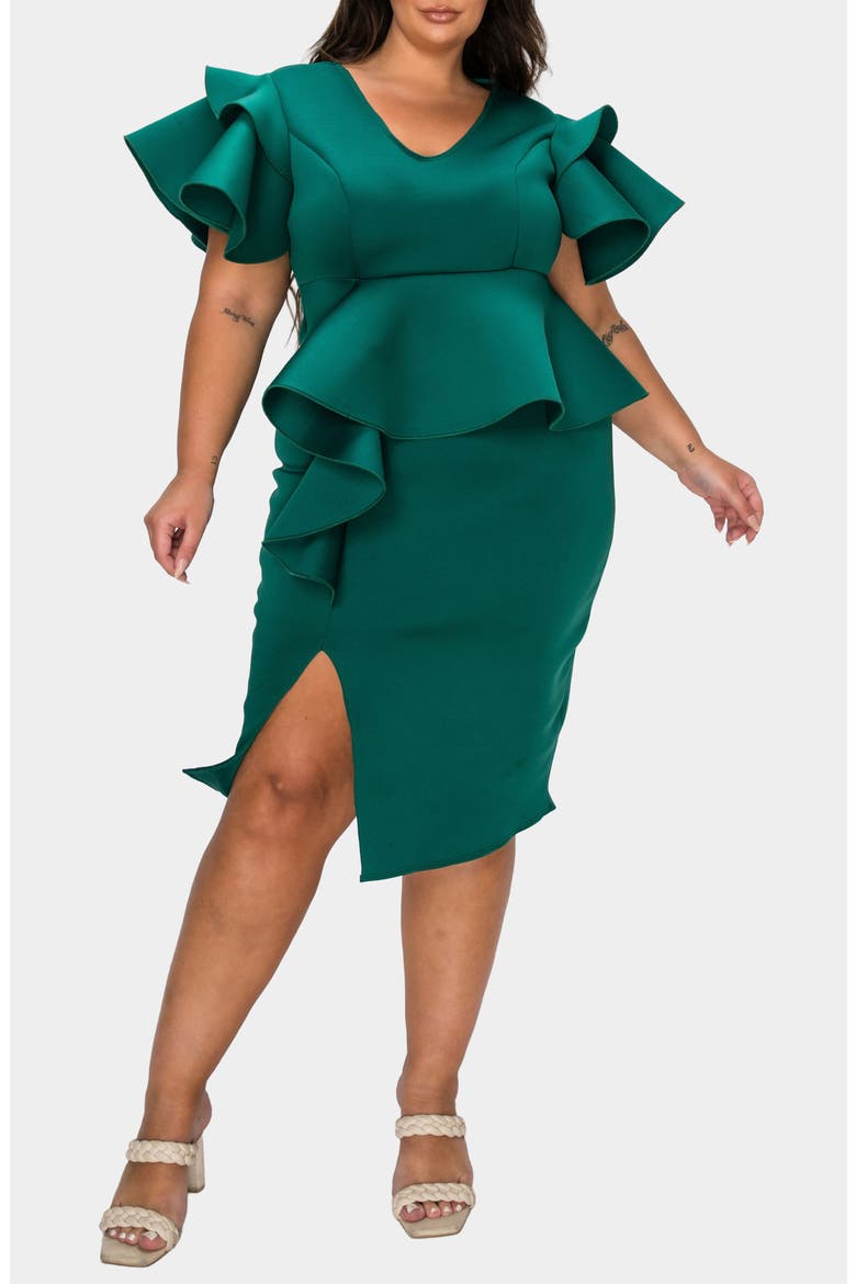 Kira Neoprene Peplum Dress, Alternate, color, HUNTER GREEN