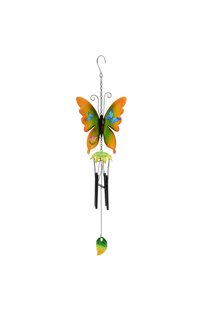 Northlight 15.75" Orange and Green Metal Butterfly Outdoor Garden Windchime, Main, color, Orange