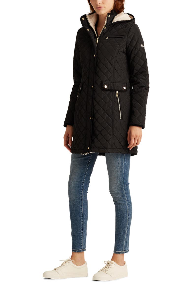 Quilted Coat with Faux Shearling Lining, Alternate, color, BLACK