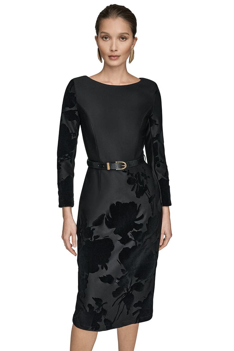 Velvet Floral Belted Long Sleeve Sheath Dress, Alternate, color, BLACK/BLACK