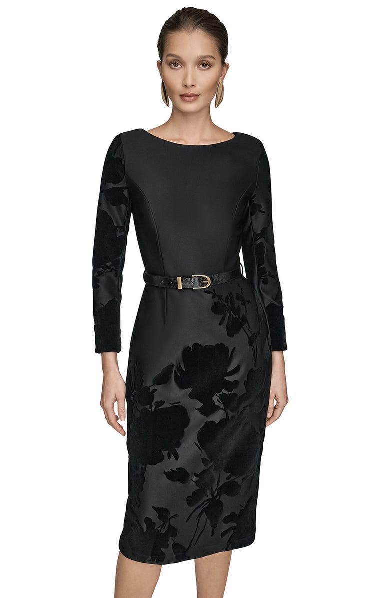 Donna Karan New York Velvet Floral Belted Long Sleeve Sheath Dress, Alternate, color, Black/ Black