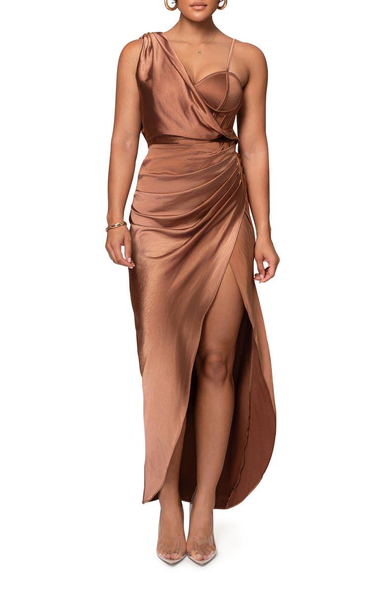 JLUXLABEL Anastacia Bustier Satin Gown, Main, color, Brown