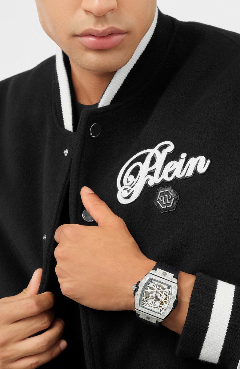 PHILIPP PLEIN The Skeleton Frosted Silicone Strap Watch, 44mm, Alternate, color, Stainless Steel