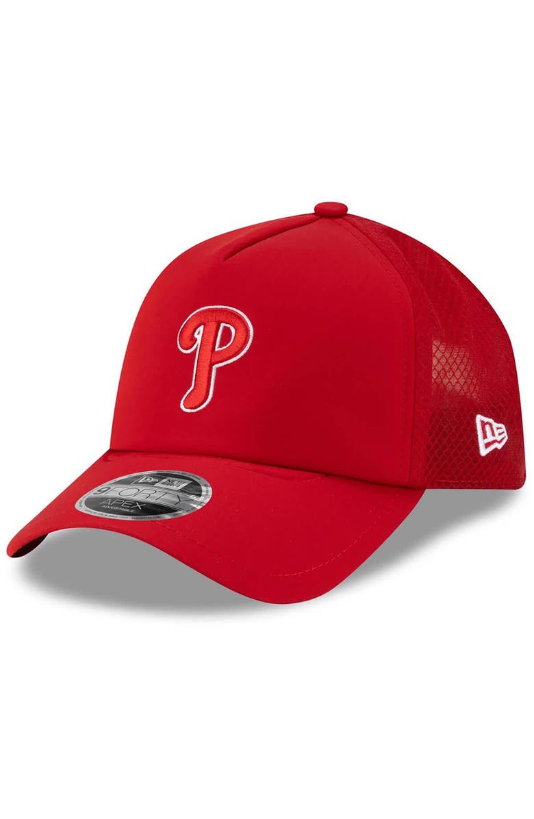 New Era Men's New Era Red Philadelphia Phillies 2026 Batting Practice Apex 9FORTY Adjustable Trucker Hat, Main, color, Red