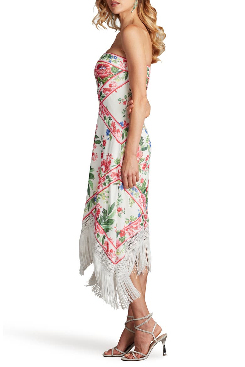 Scarf Print Fringe Detail Strapless Cocktail Midi Dress, Alternate, color, WHITE/ FUCHSIA FLORAL