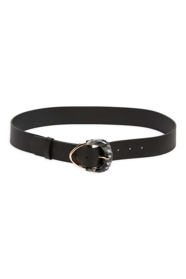 Juliet Marbled Buckle Leather Belt, Main, color, BLACK COMBO