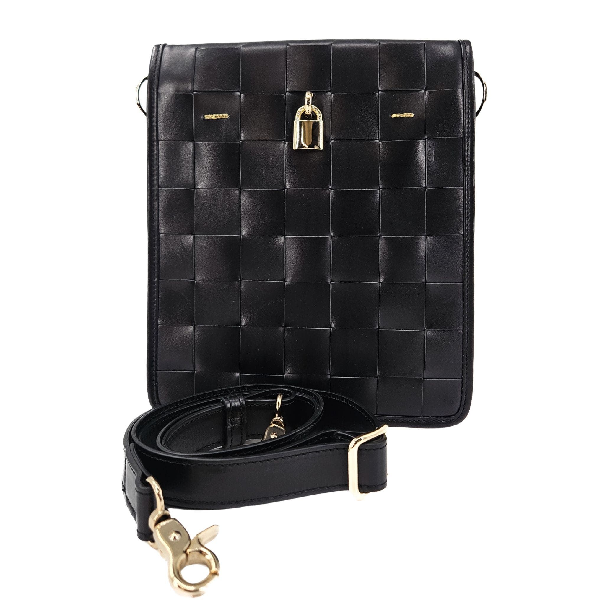 Madison Maison Woven Leather Lock Crossbody Bag, Main, color, Black