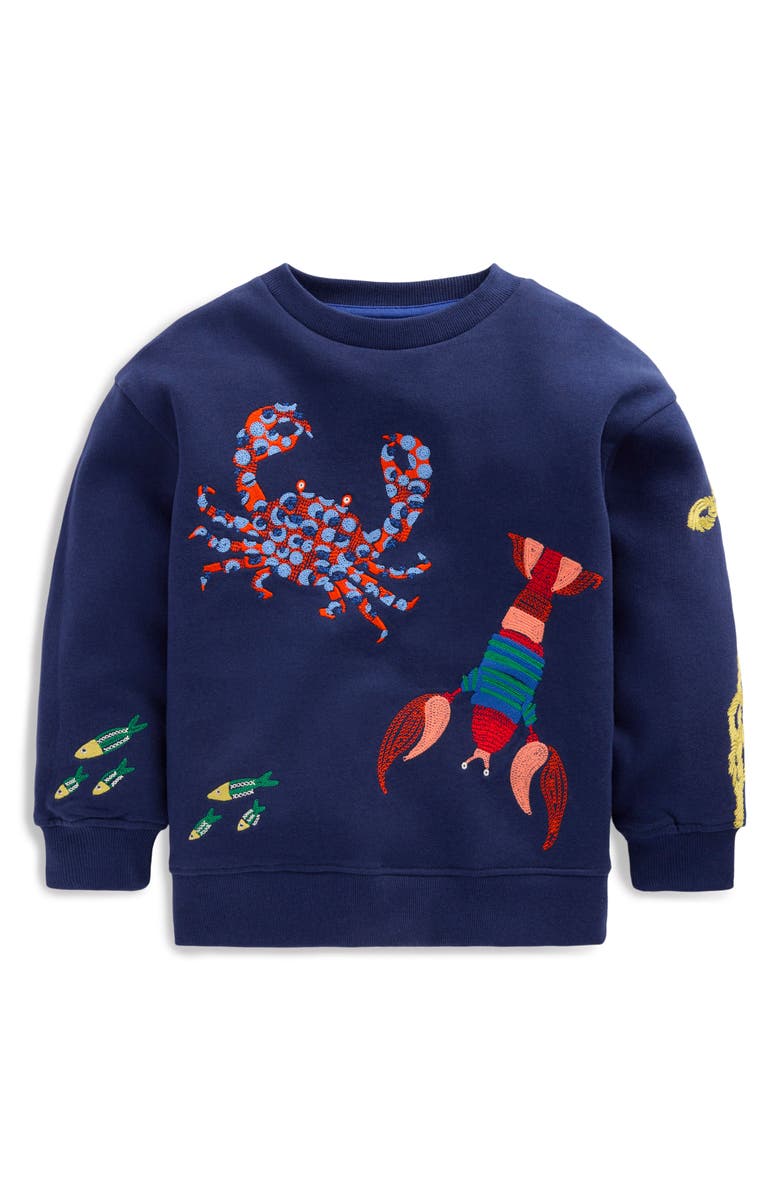 Mini Boden Kids' Sea Embroidered Sweatshirt, Main, color, Medieval Blue Seacreatures