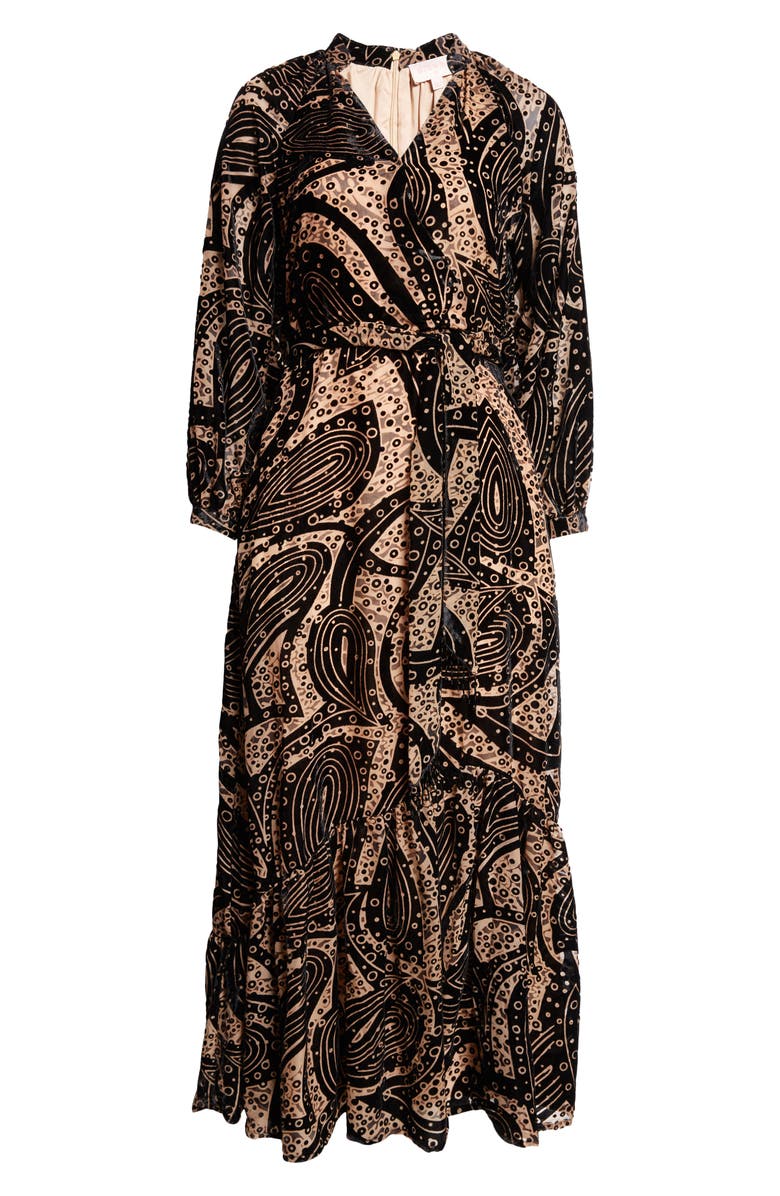 CIEBON Aria Tie Belt Long Sleeve Burnout Faux Wrap Velvet Dress, Alternate, color, Black Multi