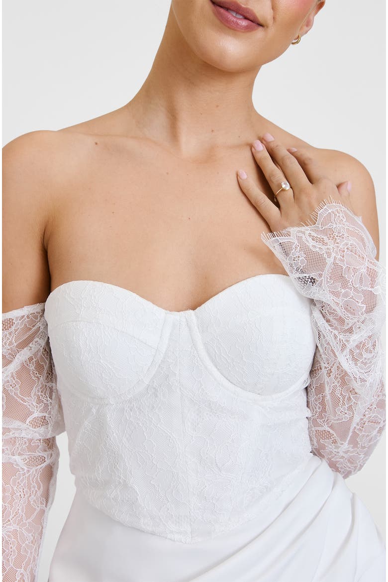 lace bardot mini dress in sea foam Six Stories Bridal fallen shoulder Lace sleeve Mini Dress in White