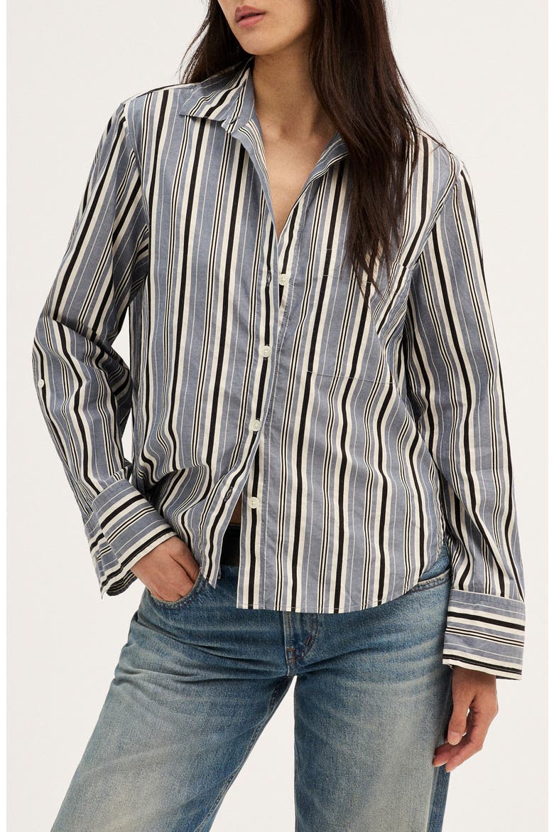 The Signature Y-Neck Shirt in Poplin, Main, color, TWILIGHT TEXTURED STRIPE