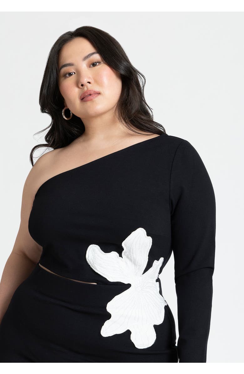ELOQUII One Shoulder Flower Detail Dress, Alternate, color, Black Onyx