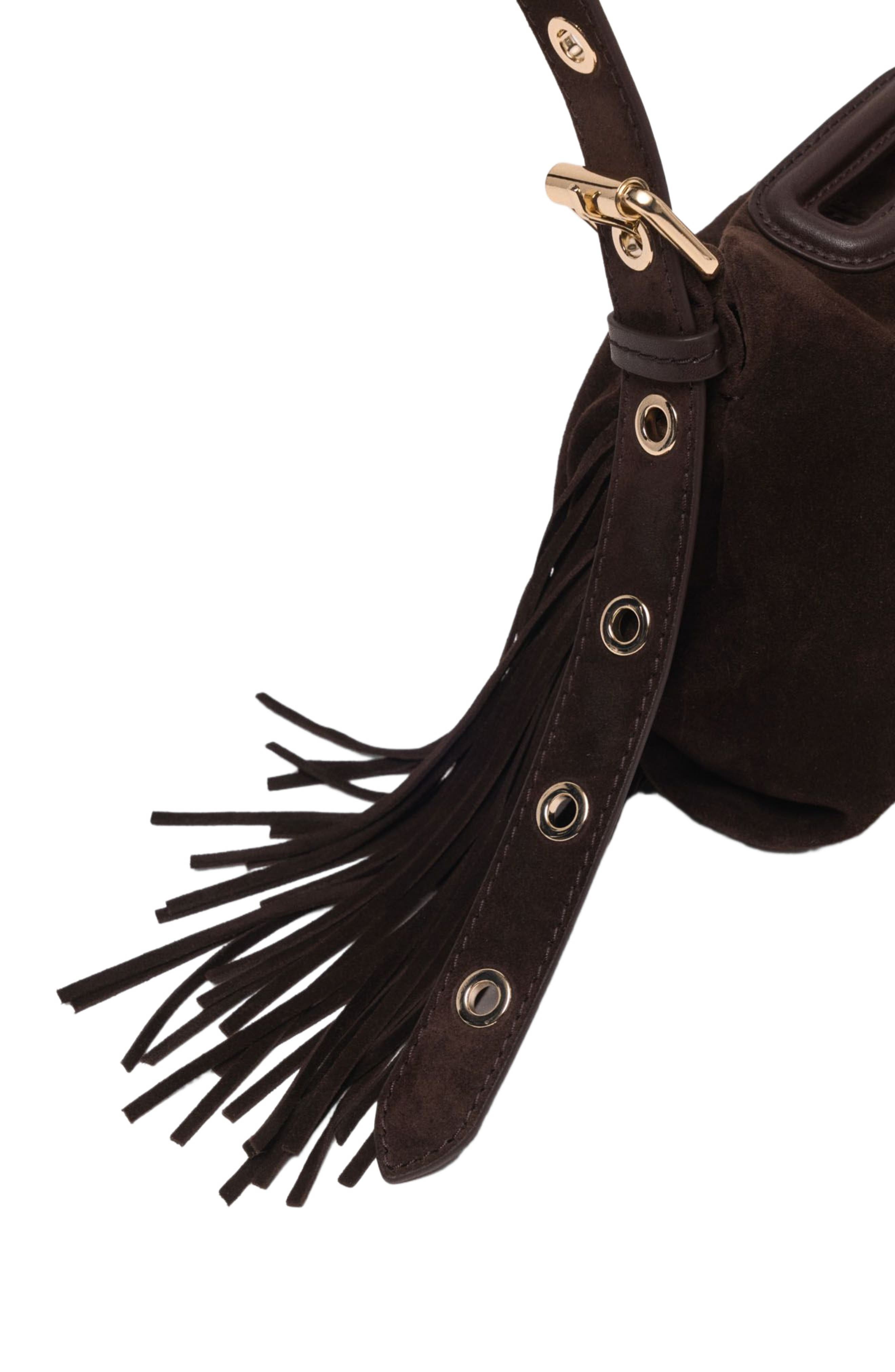 maje Miss M mini suede leather bag, Alternate, color, Dark Brown