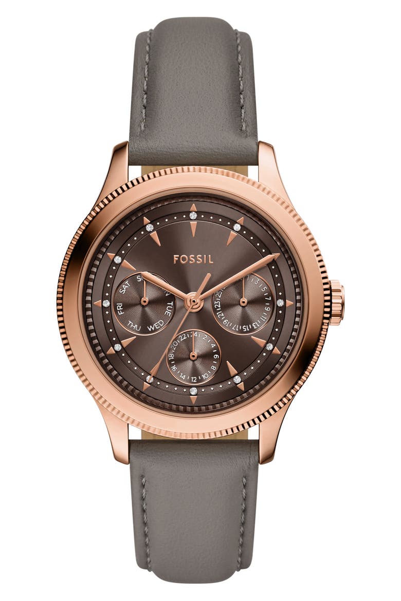 Brynn Multifunction Leather Strap Watch, 38mm, Main, color, BROWN/ ROSE GOLD