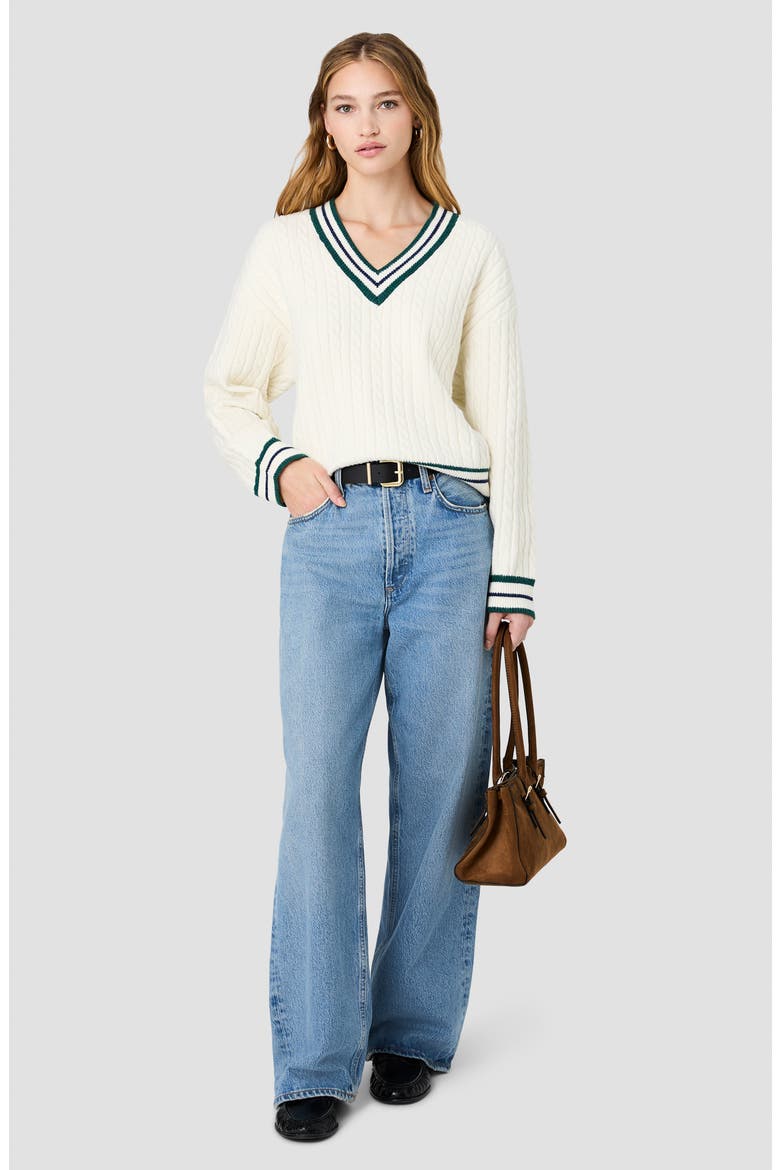 Aleyna Striped V-Neck Cable Sweater, Alternate, color, PORCELAIN CREAM/ TEAL/ MARINE