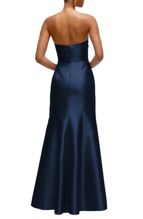 Alfred Sung Strapless Cateye V-neck Satin Twill Gown In Blue