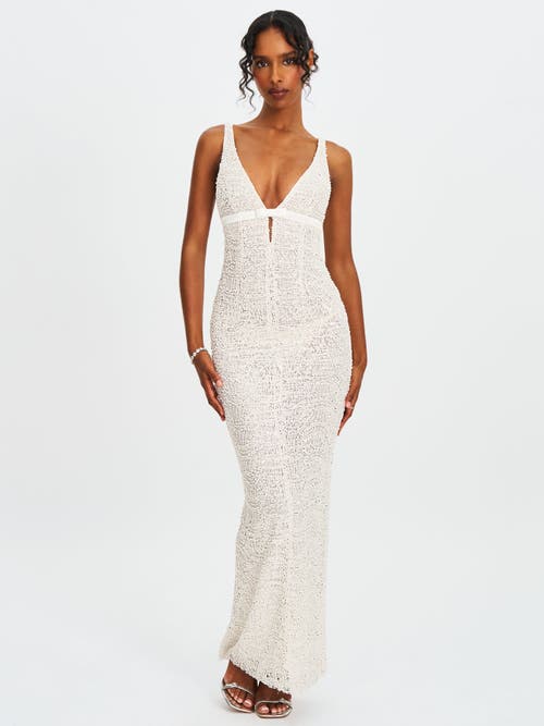 Miss Circle Adelaide Beaded Sequin Net Bodycon Gown In White