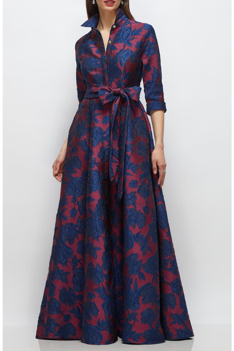 Floral Jacquard Shirtdress Gown, Main, color, BURGUNDY NAVY FLORAL