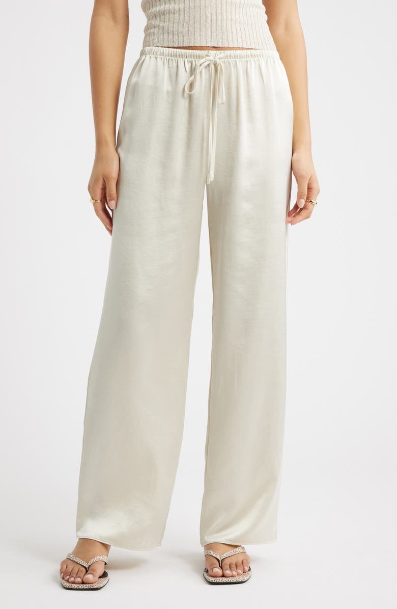 Open Edit Drawstring Waist Satin Pants, Main, color, Ivory Dove