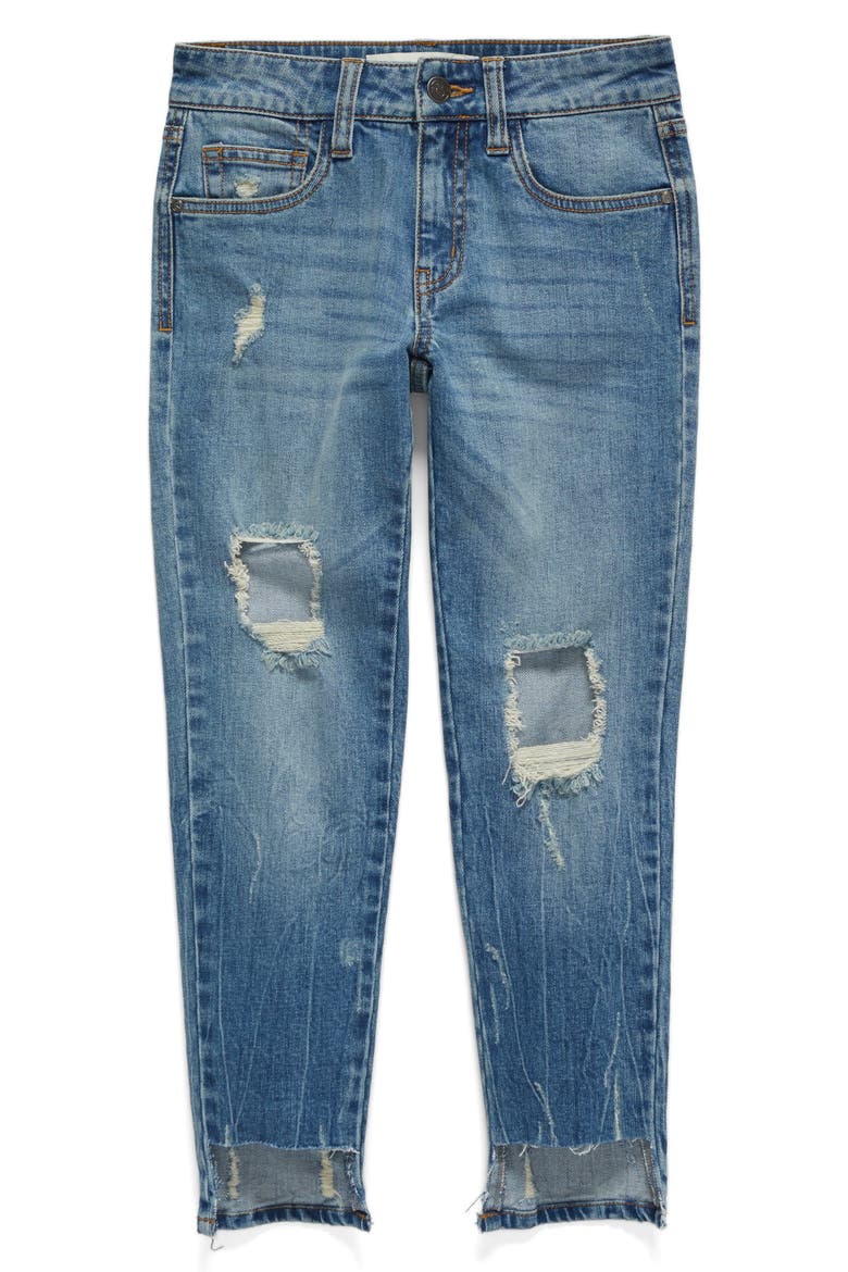 Distressed Step Hem Girlfriend Jeans, Main, color, VINTAGE BLUE DISTRESS