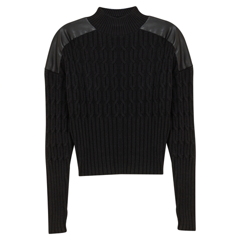 Dolman Cable Knit Leather Shoulder Sweater