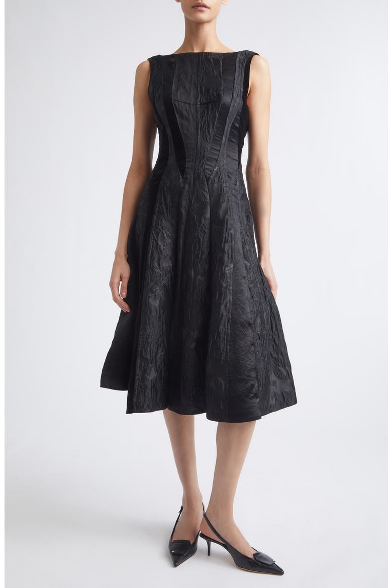 Mixed Media Fit & Flare Midi Dress, Main, color, BLACK MULTI