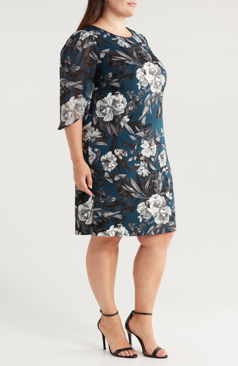 Connected Apparel Floral Flutter Sleeve Sheath Dress, Alternate, color, Dark Mallard