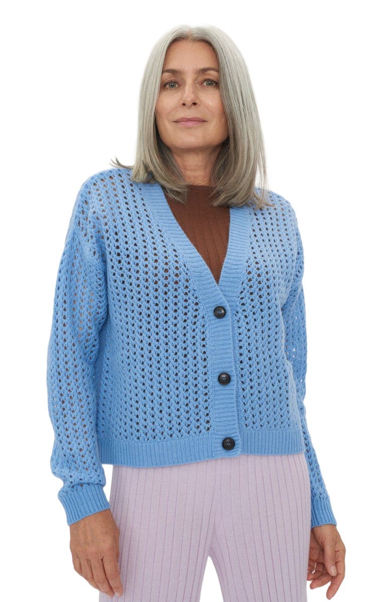 GOBI Mongolian Cashmere Ajour Knit Cardigan, Main, color, Airy Blue