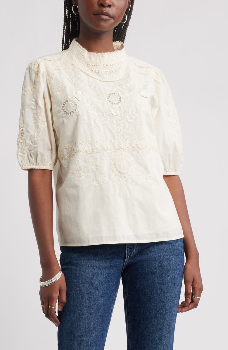 Treasure & Bond Lace Trim Cotton Broderie AnglaiseTop, Main, color, Ivory Dove