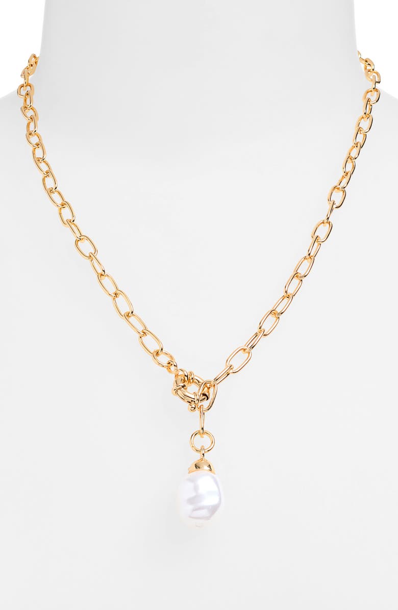 BaubleBar Hera Faux Pearl Drop Y-Necklace, Alternate, color, Gold
