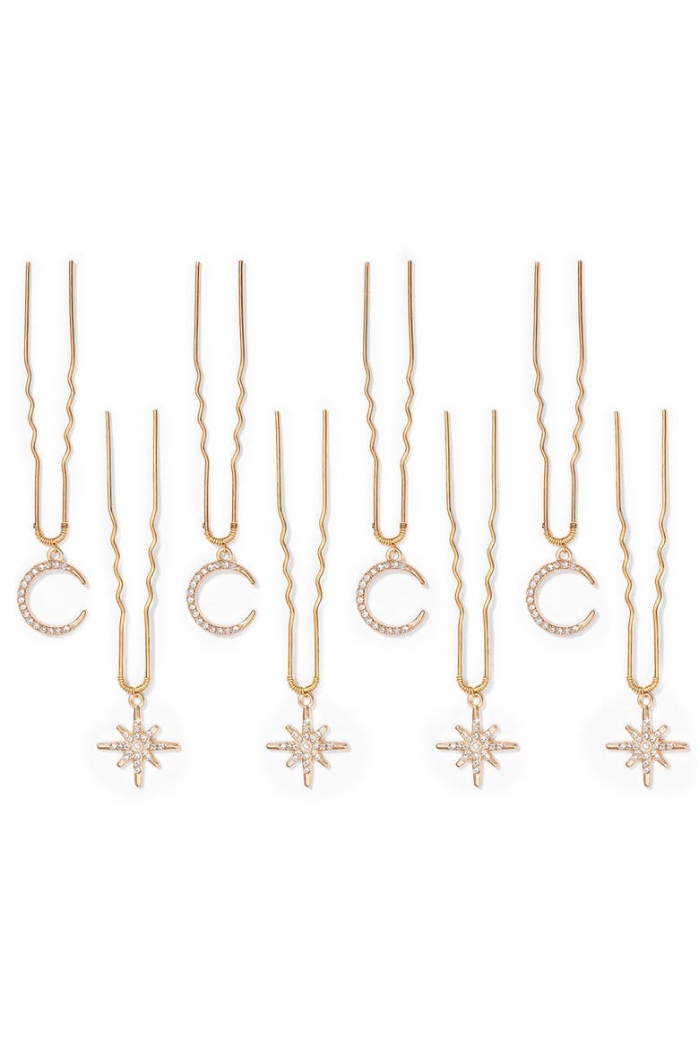 Celestia Golden Star & Moon Hair Pins - Set of 8, Main, color, Metallic Gold