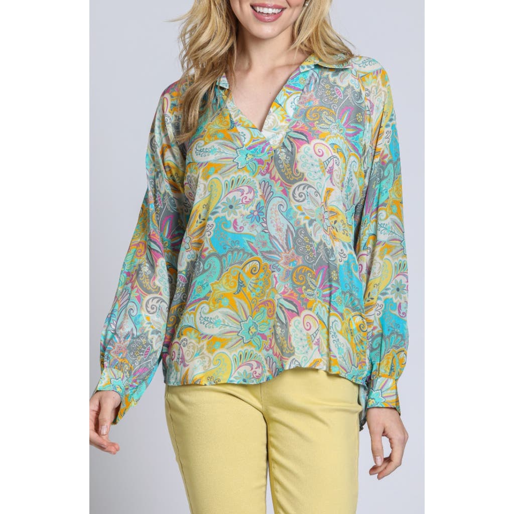 Apny Print Popover Top In Turquoise/yellow Mul