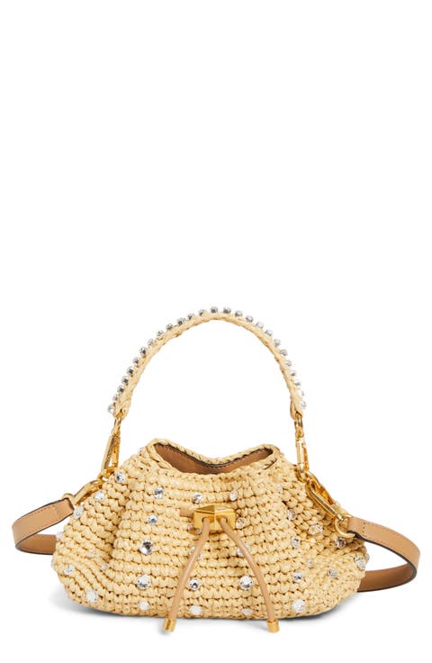 Small Cinch Crystal Embellished Raffia Bucket Bag