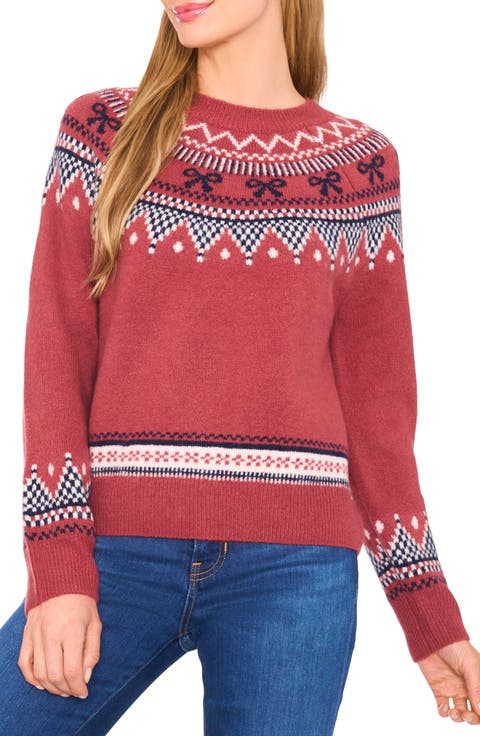 Bow Fair Isle Ribbon Detail Crewneck Sweater